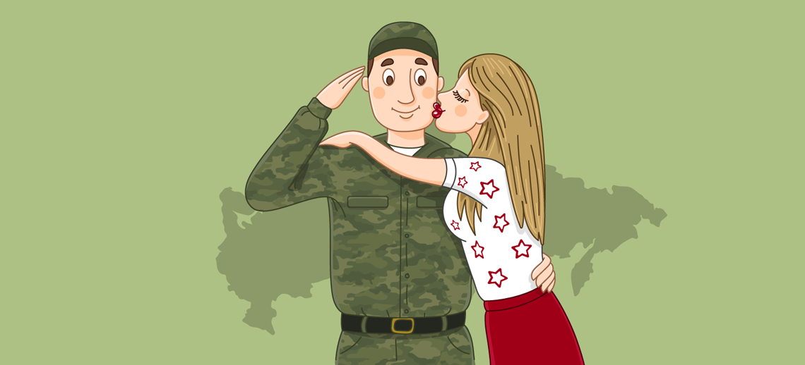 Векторная картинка к 23 февраля — солдата целует девушка